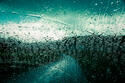 View of country road and field through wet window